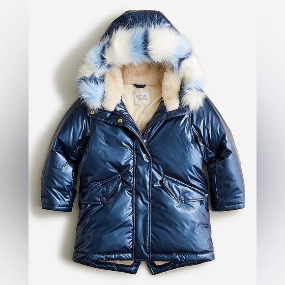 Crewcuts Other - J.Crew Crew Cuts Metallic Blue Puffer Coat with Faux Fur Hood, Girls